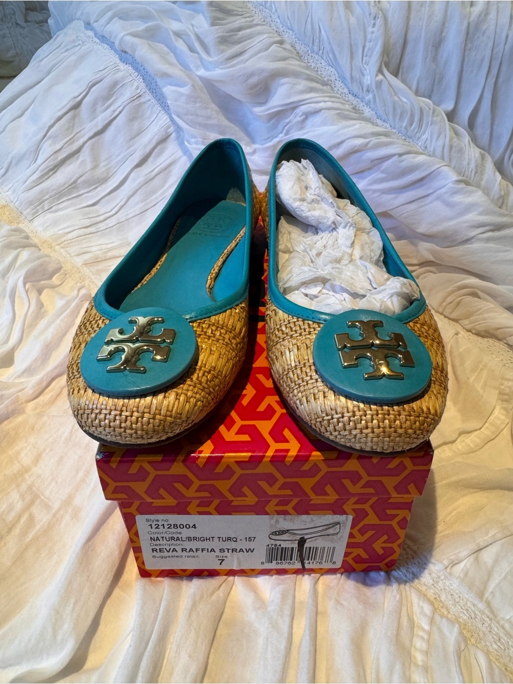 Tory Burch Raffia Ballet Flats with Turquoise Trim and Logo Medallion
